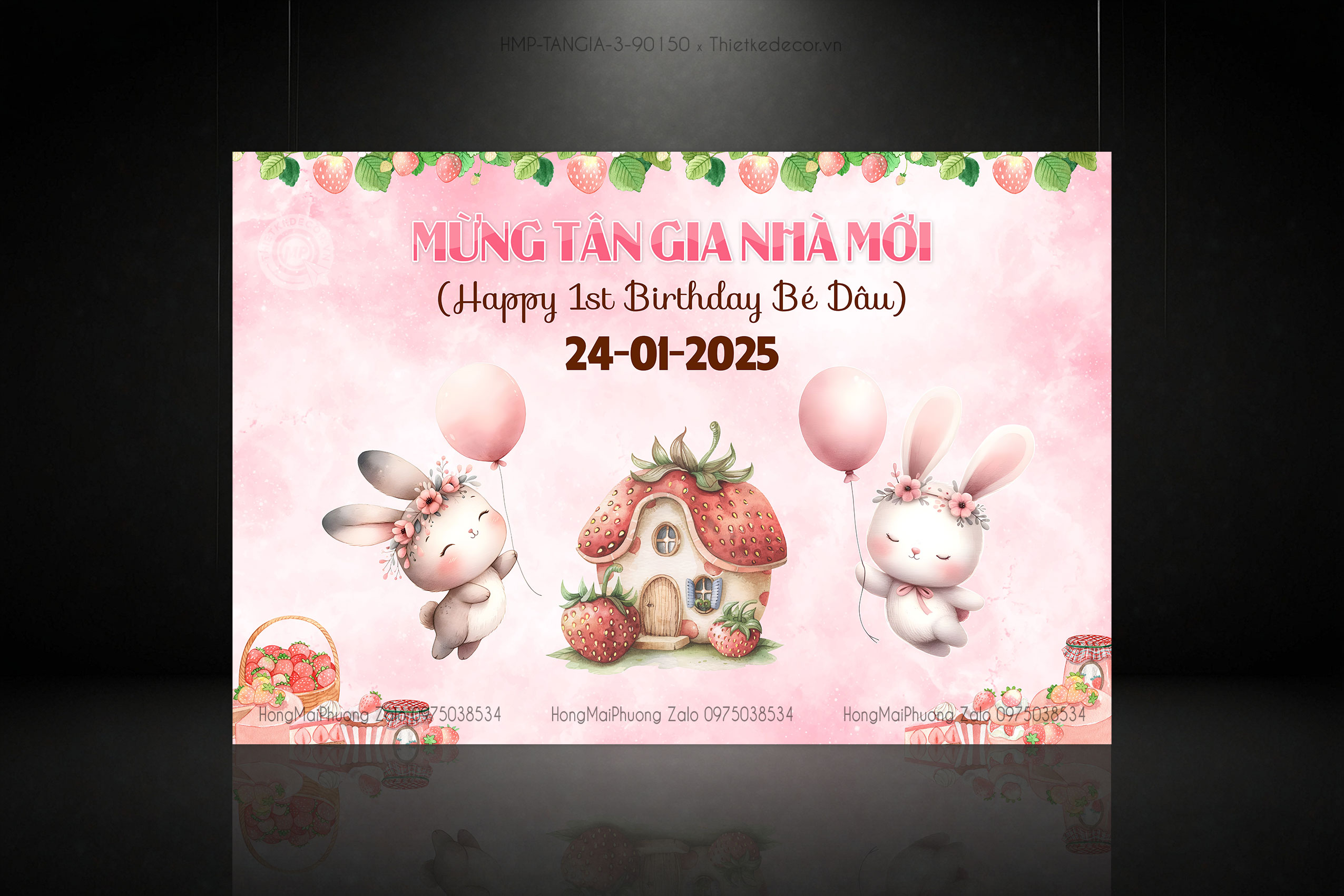 Backdrop tân gia tone hồng dâu tây và thỏ